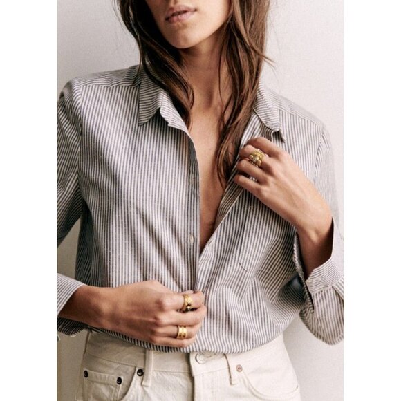 Sezane Tomboy Shirt Stripes Ecru Blue Button Down Casual french 36 Small - Picture 4 of 16
